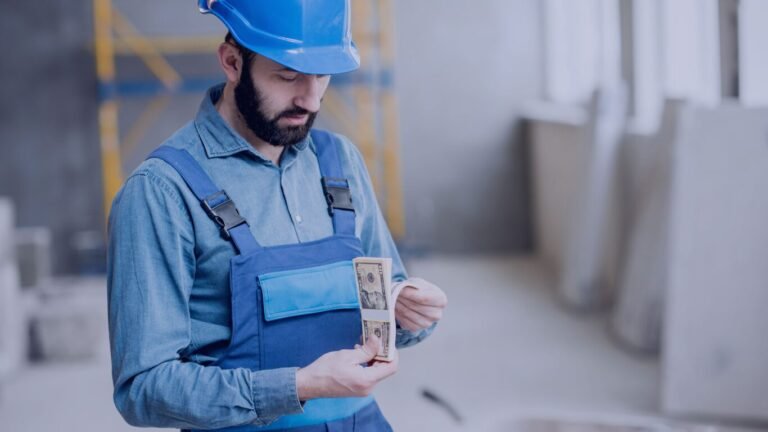 Profissional de obra contando dinheiro em referência aos salários na construção